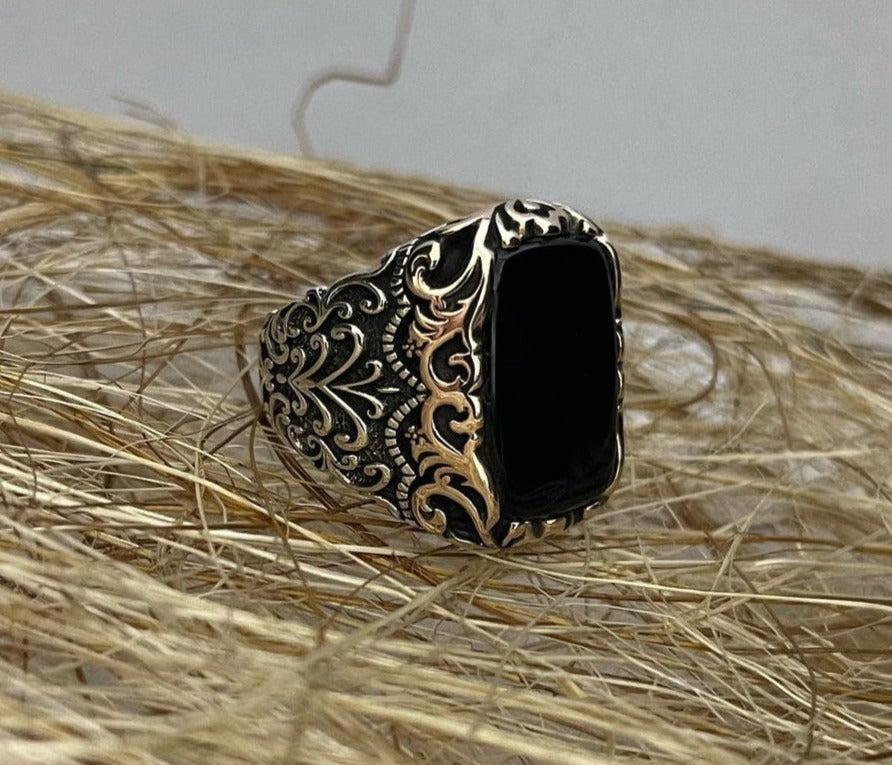 Gental Gems by Karat Kings | Unique Turkish Style Ring with Natural Black Onyx |  Sterling Silver Oxidized Ring