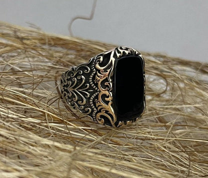 Gental Gems by Karat Kings | Unique Turkish Style Ring with Natural Black Onyx |  Sterling Silver Oxidized Ring