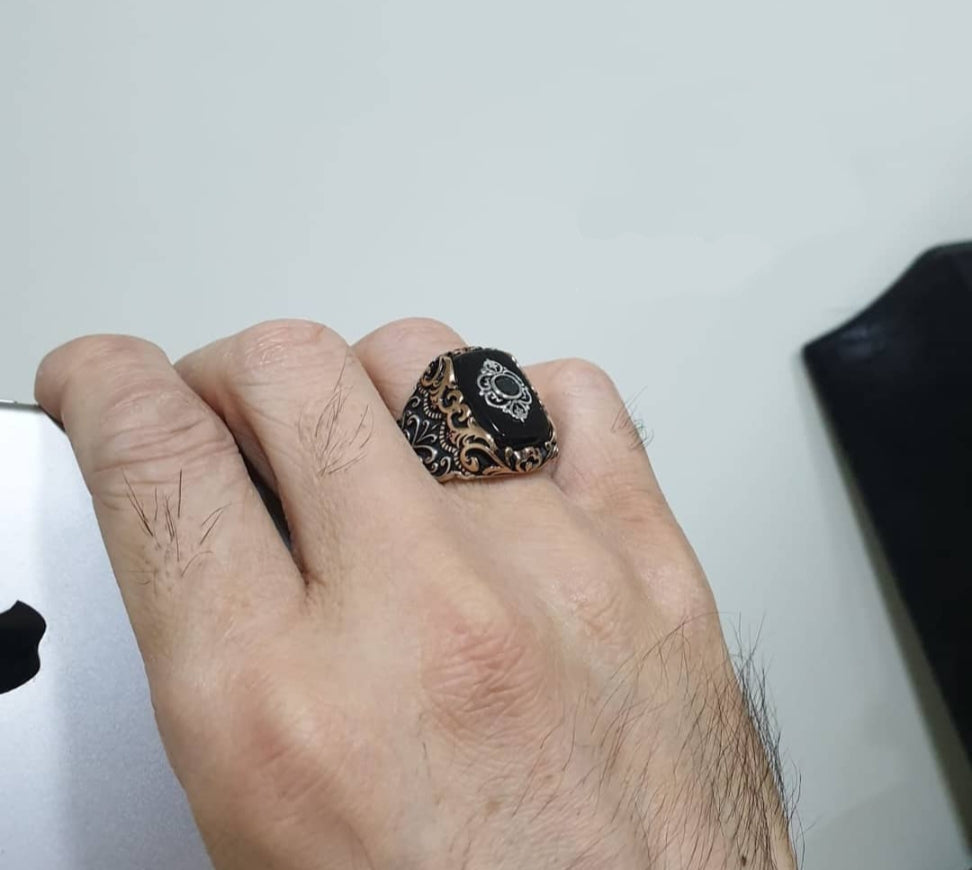 Gental Gems by Karat Kings | Unique Turkish Style Ring with Natural Black Onyx |  Sterling Silver Oxidized Ring | Men's Jewelry | With Certificate of Authenticity and  Hallmark