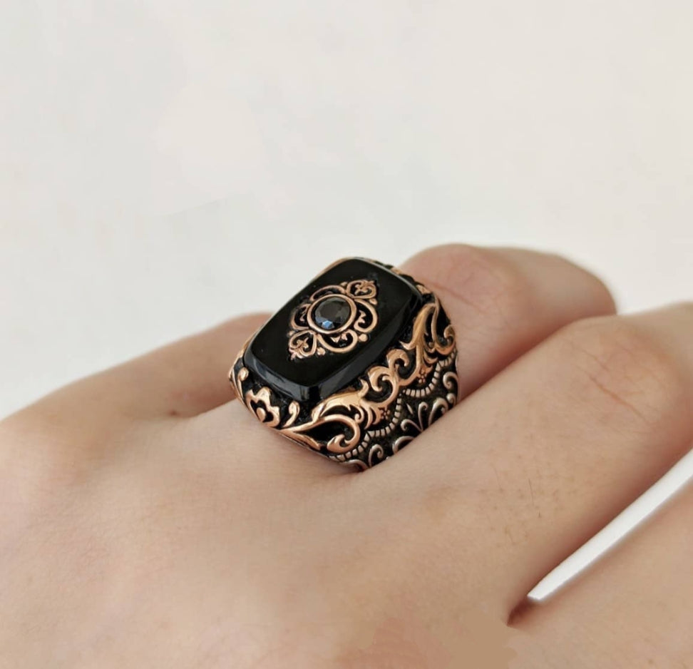 Gental Gems by Karat Kings | Unique Turkish Style Ring with Natural Black Onyx |  Sterling Silver Oxidized Ring | Men's Jewelry | With Certificate of Authenticity and  Hallmark