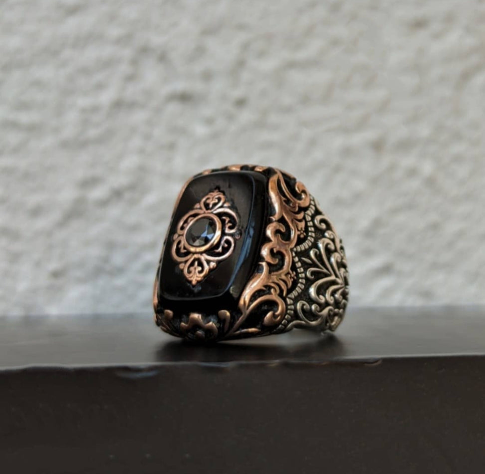 Gental Gems by Karat Kings | Unique Turkish Style Ring with Natural Black Onyx |  Sterling Silver Oxidized Ring | Men's Jewelry | With Certificate of Authenticity and  Hallmark