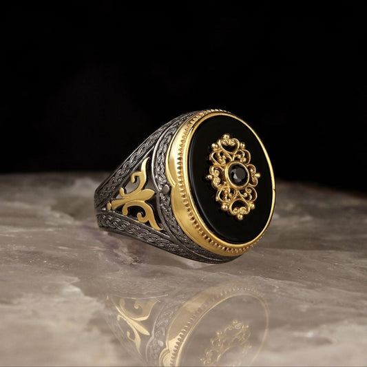 Gental Gems by Karat Kings | Unique Turkish Style Ring with Natural Black Onyx | Black Rhodium & Gold Plated  Sterling Silver Ring | Men's Jewelry | With Certificate of Authenticity and  Hallmark