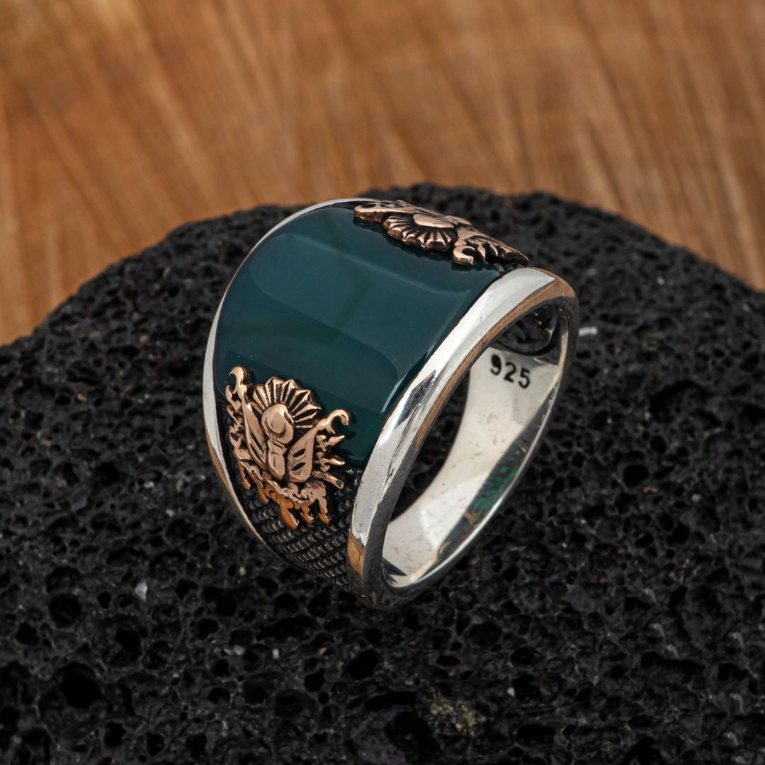 Gental Gems by Karat Kings | Unique Turkish Style Curved Ring with Green Onyx |  Sterling Silver Oxidized Ring