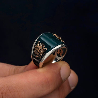 Gental Gems by Karat Kings | Unique Turkish Style Curved Ring with Green Onyx |  Sterling Silver Oxidized Ring