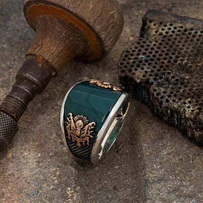 Gental Gems by Karat Kings | Unique Turkish Style Curved Ring with Green Onyx |  Sterling Silver Oxidized Ring