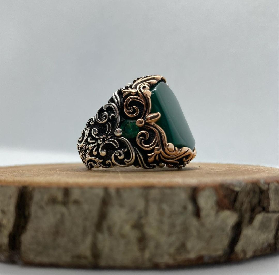 Gental Gems by Karat Kings | Unique Turkish Style Ring with Natural Green Onyx |  Sterling Silver Oxidized Ring | Men's Jewelry | With Certificate of Authenticity and  Hallmark
