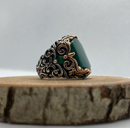 Gental Gems by Karat Kings | Unique Turkish Style Ring with Natural Green Onyx |  Sterling Silver Oxidized Ring | Men's Jewelry | With Certificate of Authenticity and  Hallmark