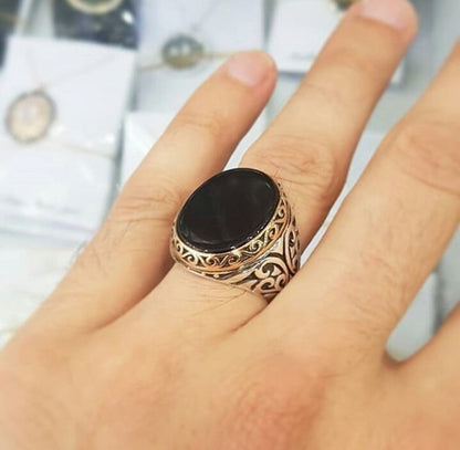 Gental Gems by Karat Kings | Unique Turkish Style Ring with Natural Black Onyx |  Sterling Silver Oxidized Ring | Men's Jewelry | With Certificate of Authenticity and  Hallmark
