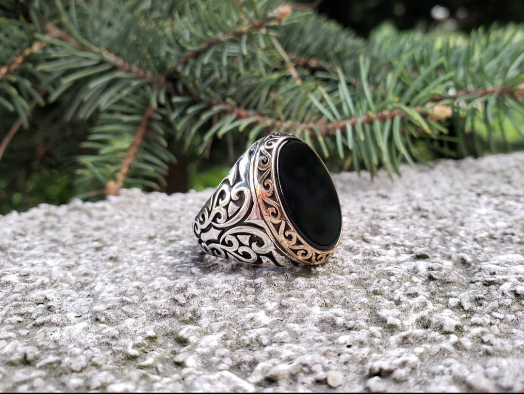 Gental Gems by Karat Kings | Unique Turkish Style Ring with Natural Black Onyx |  Sterling Silver Oxidized Ring | Men's Jewelry | With Certificate of Authenticity and  Hallmark