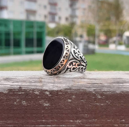 Gental Gems by Karat Kings | Unique Turkish Style Ring with Natural Black Onyx |  Sterling Silver Oxidized Ring | Men's Jewelry | With Certificate of Authenticity and  Hallmark