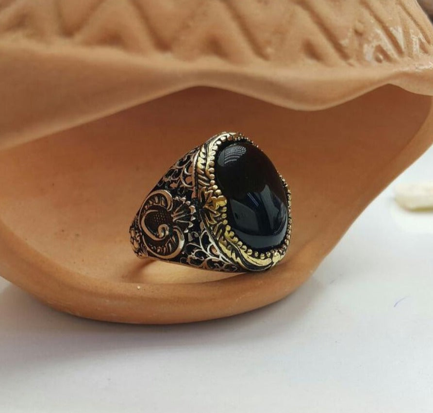 Gental Gems by Karat Kings | Unique Turkish Style Ring with Natural Black Onyx |  Sterling Silver Oxidized Ring | Men's Jewelry | With Certificate of Authenticity and  Hallmark