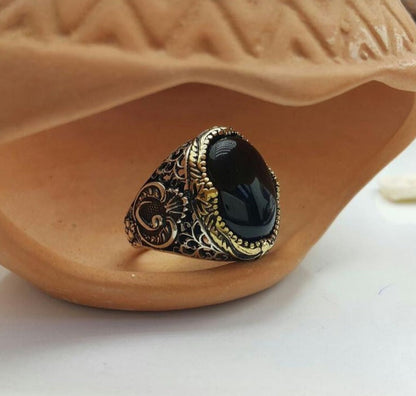 Gental Gems by Karat Kings | Unique Turkish Style Ring with Natural Black Onyx |  Sterling Silver Oxidized Ring | Men's Jewelry | With Certificate of Authenticity and  Hallmark