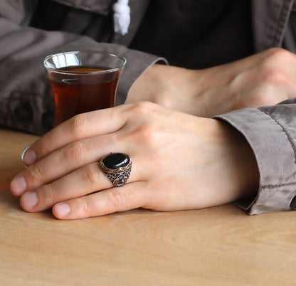 Gental Gems by Karat Kings | Unique Turkish Style Ring with Natural Black Onyx |  Sterling Silver Oxidized Ring | Men's Jewelry | With Certificate of Authenticity and  Hallmark
