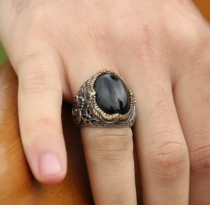 Gental Gems by Karat Kings | Unique Turkish Style Ring with Natural Black Onyx |  Sterling Silver Oxidized Ring | Men's Jewelry | With Certificate of Authenticity and  Hallmark