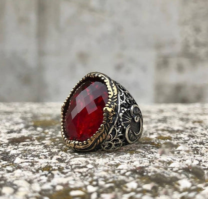 Gental Gems by Karat Kings | Unique Turkish Style Ring with Faceted Red Zircon |  Sterling Silver Oxidized Ring | Men's Jewelry | With Certificate of Authenticity and  Hallmark