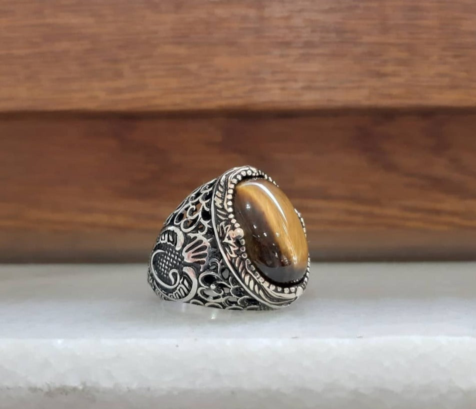 Gental Gems by Karat Kings | Unique Turkish Style Ring with Natural Tiger Eye |  Sterling Silver Oxidized Ring | Men's Jewelry | With Certificate of Authenticity and  Hallmark