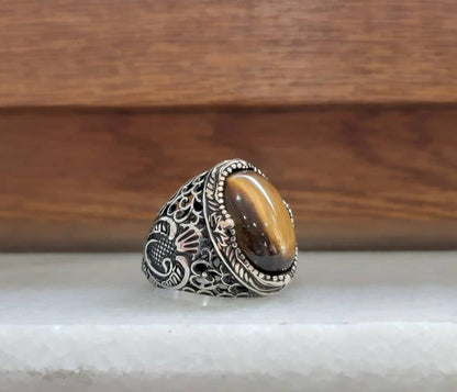 Gental Gems by Karat Kings | Unique Turkish Style Ring with Natural Tiger Eye |  Sterling Silver Oxidized Ring | Men's Jewelry | With Certificate of Authenticity and  Hallmark