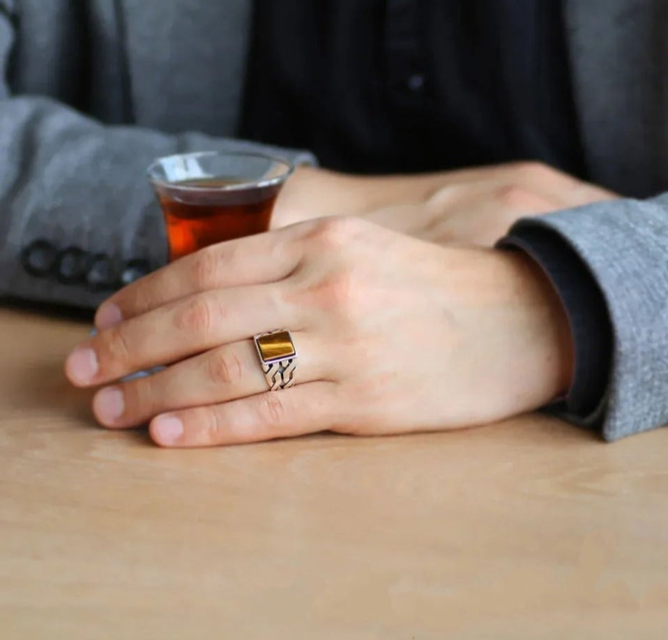 Gental Gems by Karat Kings | Unique Turkish  Style Ring with Natural Tiger Eye |  Sterling Silver Oxidized Ring