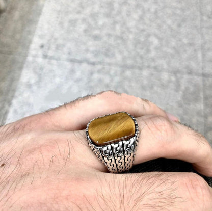 Gental Gems by Karat Kings | Unique Turkish  Style Ring with Natural Tiger Eye |  Sterling Silver Oxidized Ring