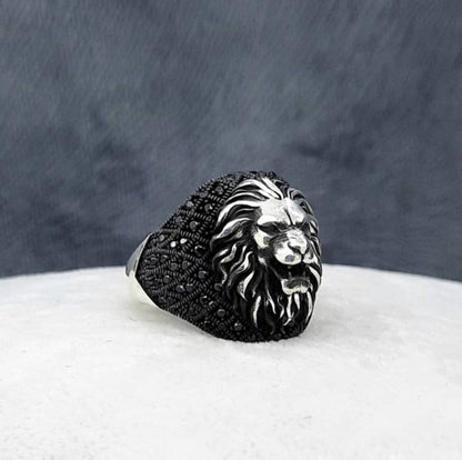 Gental Gems by Karat Kings | Unique Turkish Style Oxidized Silver Lion Ring with Black Zircon|  Sterling Silver Oxidized Ring