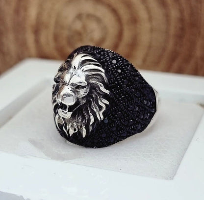 Gental Gems by Karat Kings | Unique Turkish Style Oxidized Silver Lion Ring with Black Zircon|  Sterling Silver Oxidized Ring