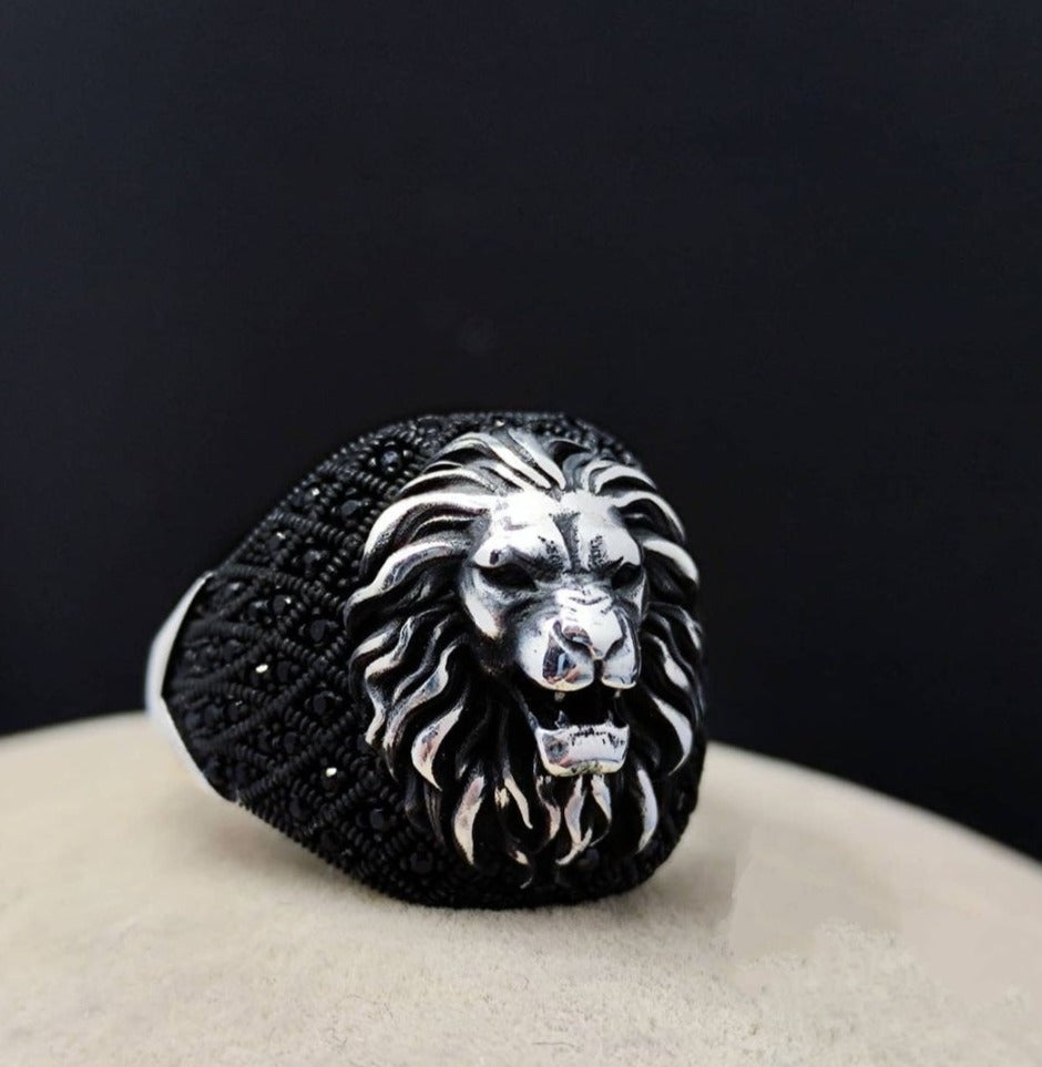 Gental Gems by Karat Kings | Unique Turkish Style Oxidized Silver Lion Ring with Black Zircon|  Sterling Silver Oxidized Ring