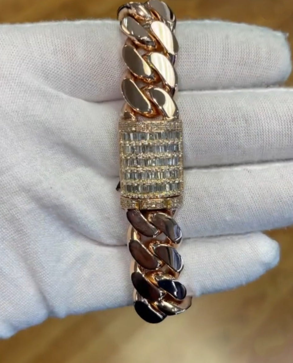Gental Gems by Karat Kings | 16mm wide Solid Miami Cuban Link Bracelet With Iced Lock in Baguettes | Rosegold Plated  Sterling Silver Bracelet