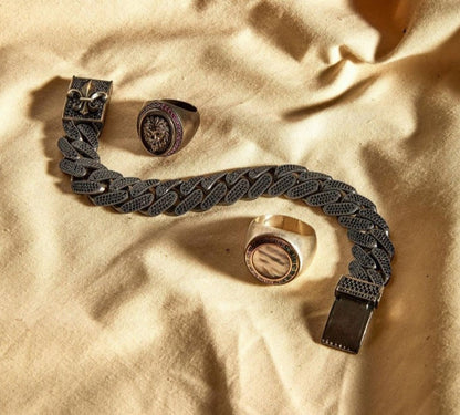 16mm Unique Fleur-De-Lis Black Iced Cuban Link Bracelet for Men | Dark Oxidized 925 Silver Bracelet | Men's Jewelry | With Certificate of Authenticity and 925 Hallmark