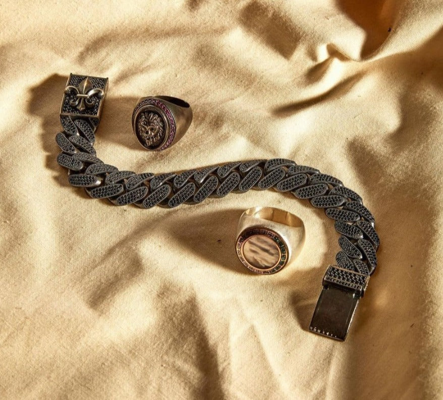 16mm Unique Fleur-De-Lis Black Iced Cuban Link Bracelet for Men | Dark Oxidized  Silver Bracelet