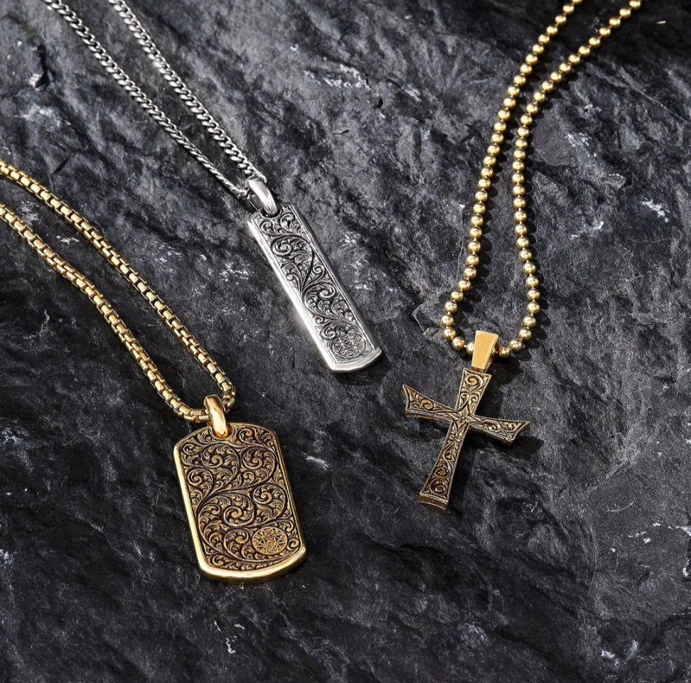 Gental Gems by Karat Kings | Unique Samurai Engraved Tag Pendant for Men |  Gold Micron Plated  Sterling Silver Pendant