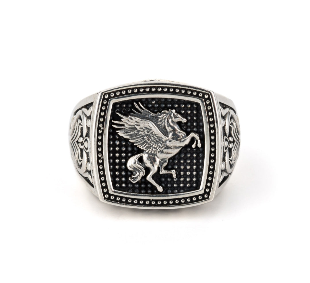 Exclusive Horse (Pegasus) Vintage Byzantine Style Signet Ring, Oxidized Sterling Silver  Ring | With Certificate of Authenticity and  Hallmark