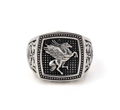 Exclusive Horse (Pegasus) Vintage Byzantine Style Signet Ring, Oxidized Sterling Silver  Ring | With Certificate of Authenticity and  Hallmark