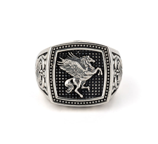 Exclusive Horse (Pegasus) Vintage Byzantine Style Signet Ring, Oxidized Sterling Silver  Ring | With Certificate of Authenticity and  Hallmark
