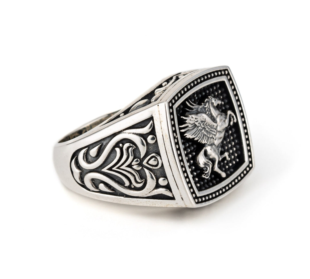 Exclusive Horse (Pegasus) Vintage Byzantine Style Signet Ring, Oxidized Sterling Silver  Ring | With Certificate of Authenticity and  Hallmark
