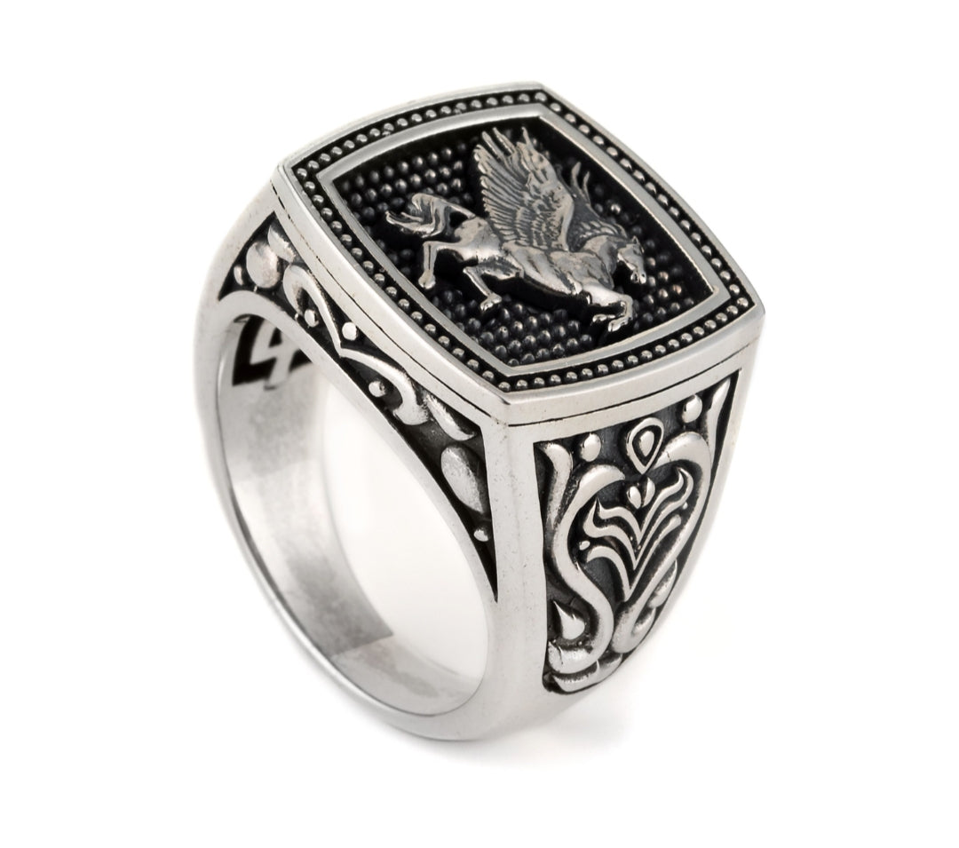 Exclusive Horse (Pegasus) Vintage Byzantine Style Signet Ring, Oxidized Sterling Silver  Ring | With Certificate of Authenticity and  Hallmark