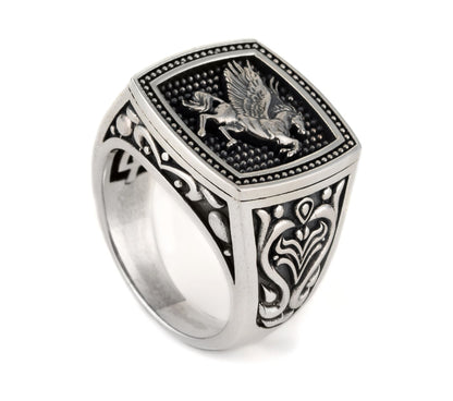 Exclusive Horse (Pegasus) Vintage Byzantine Style Signet Ring, Oxidized Sterling Silver  Ring | With Certificate of Authenticity and  Hallmark