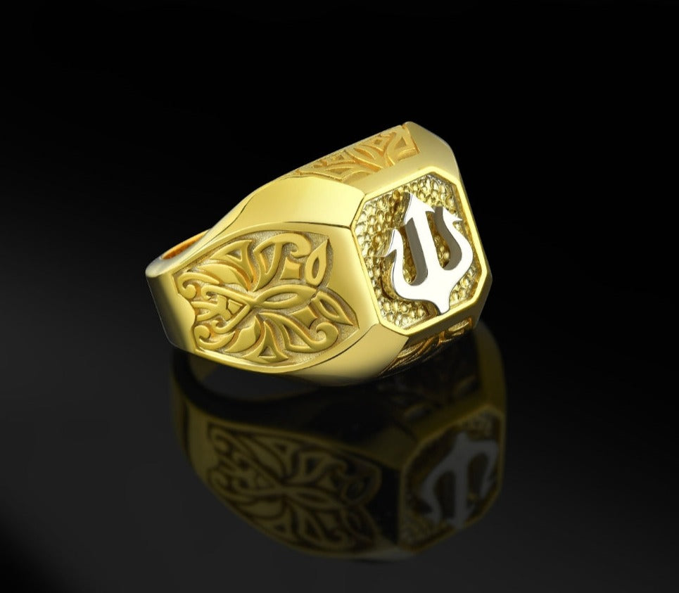 Gental Gems by Karat Kings | Exclusive Trishul Symbol Signet Style Ring for Men,  Gold Micron Plated Sterling Silver  Ring | Jewellery for Men| With Certificate of Authenticity and  Hallmark
