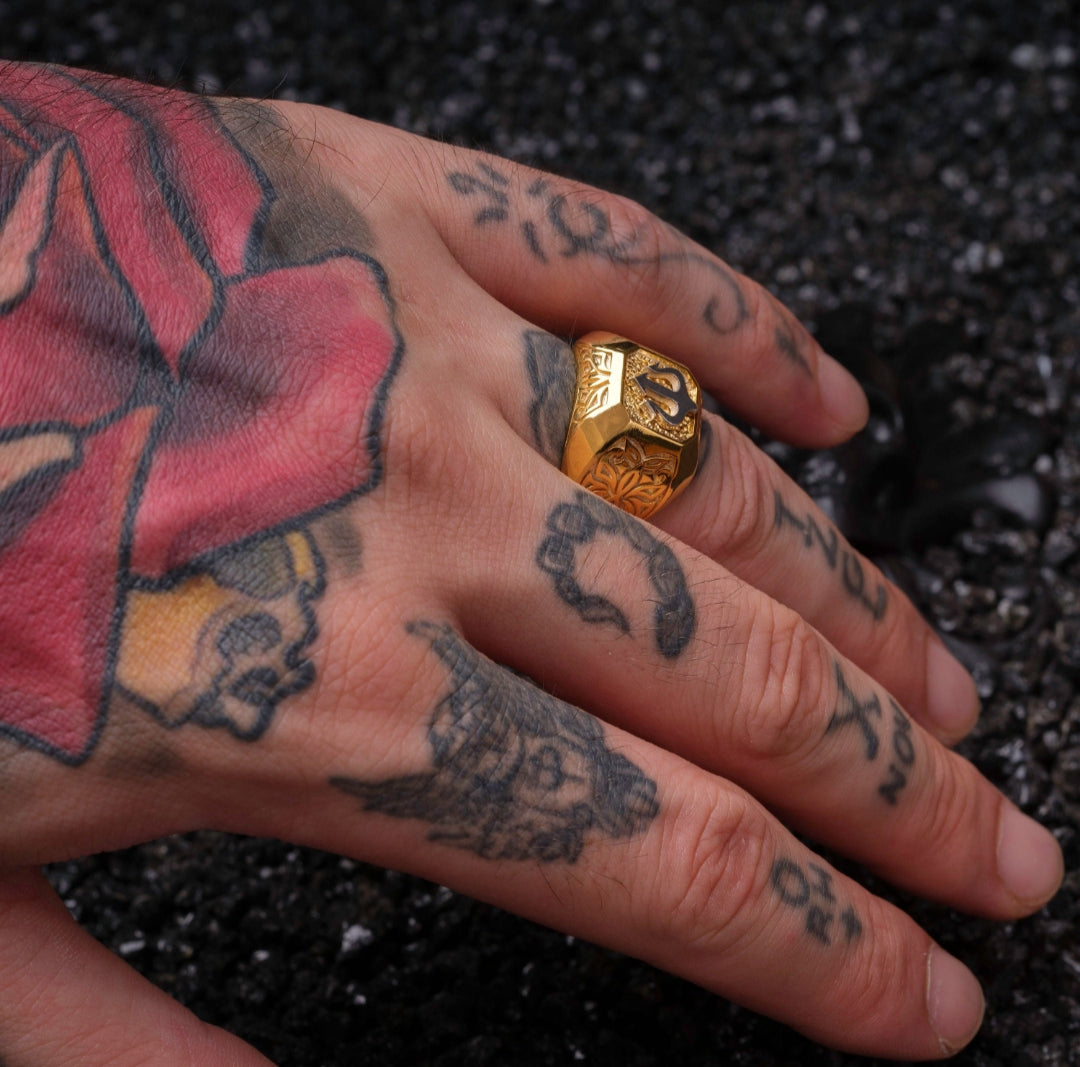 Gental Gems by Karat Kings | Exclusive Trishul Symbol Signet Style Ring for Men,  Gold Micron Plated Sterling Silver  Ring | Jewellery for Men| With Certificate of Authenticity and  Hallmark