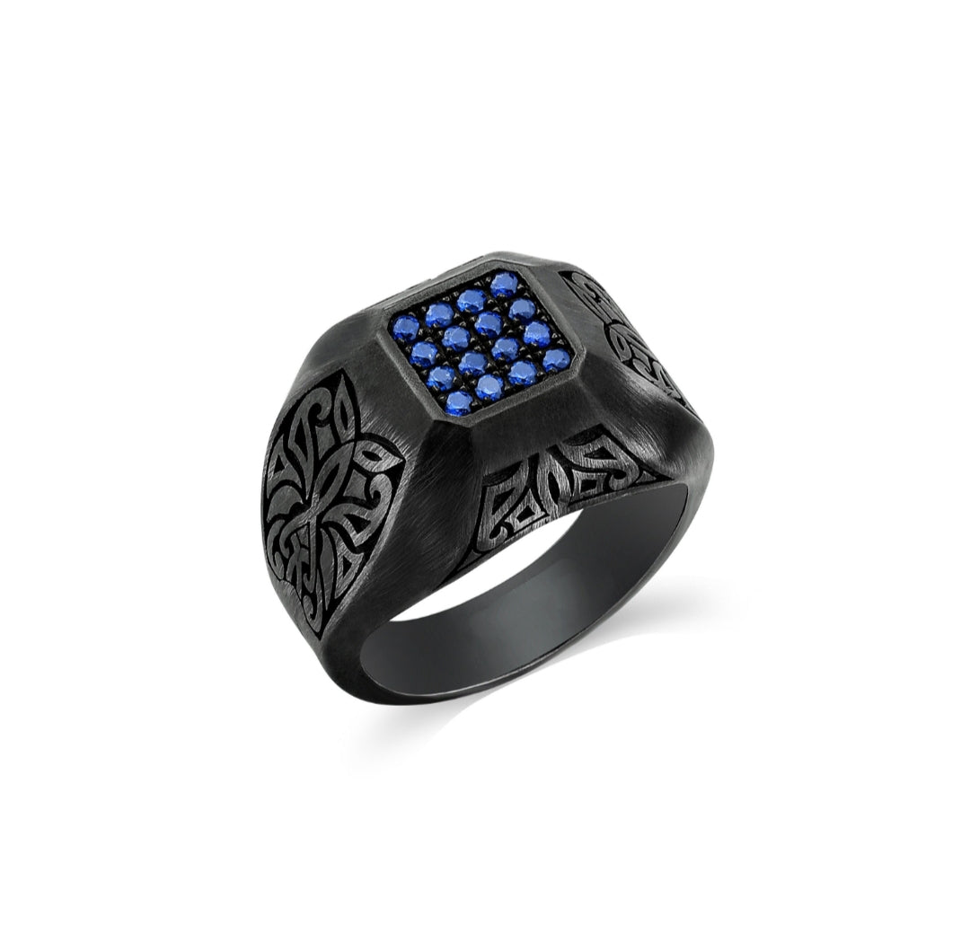 Gental Gems by Karat Kings | Exclusive Signet Style Ring Studded with Blue Zircons for Men, Oxidized Sterling Silver  Ring | Jewellery for Men