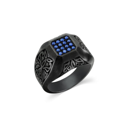 Gental Gems by Karat Kings | Exclusive Signet Style Ring Studded with Blue Zircons for Men, Oxidized Sterling Silver  Ring | Jewellery for Men