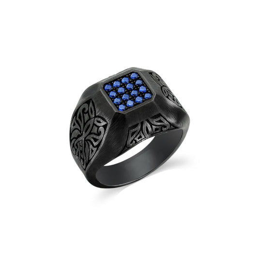Gental Gems by Karat Kings | Exclusive Signet Style Ring Studded with Blue Zircons for Men, Oxidized Sterling Silver  Ring | Jewellery for Men