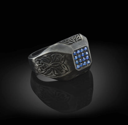 Gental Gems by Karat Kings | Exclusive Signet Style Ring Studded with Blue Zircons for Men, Oxidized Sterling Silver  Ring | Jewellery for Men