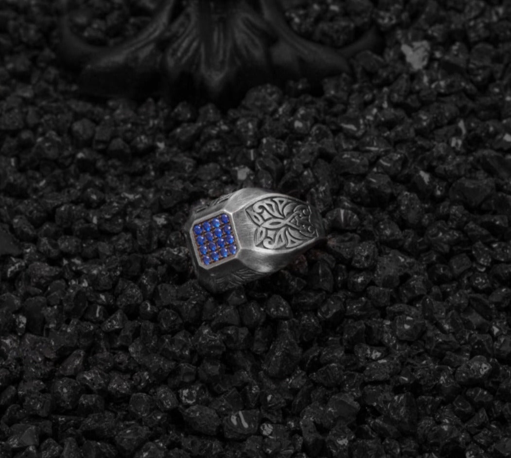 Gental Gems by Karat Kings | Exclusive Signet Style Ring Studded with Blue Zircons for Men, Oxidized Sterling Silver  Ring | Jewellery for Men