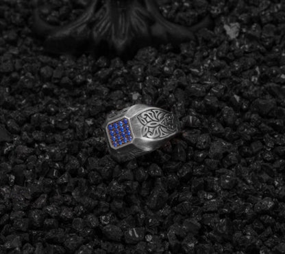 Gental Gems by Karat Kings | Exclusive Signet Style Ring Studded with Blue Zircons for Men, Oxidized Sterling Silver  Ring | Jewellery for Men
