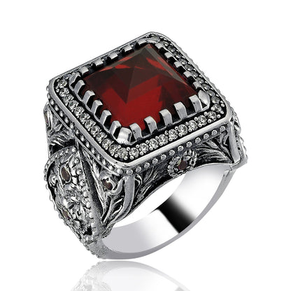 Gental Gems by Karat Kings | Unique Handmade Turkish Style Ring Studded with AAA+ Red Zirconia |  Sterling Silver Oxidized Ring | Men's Jewelry | With Certificate of Authenticity and  Hallmark