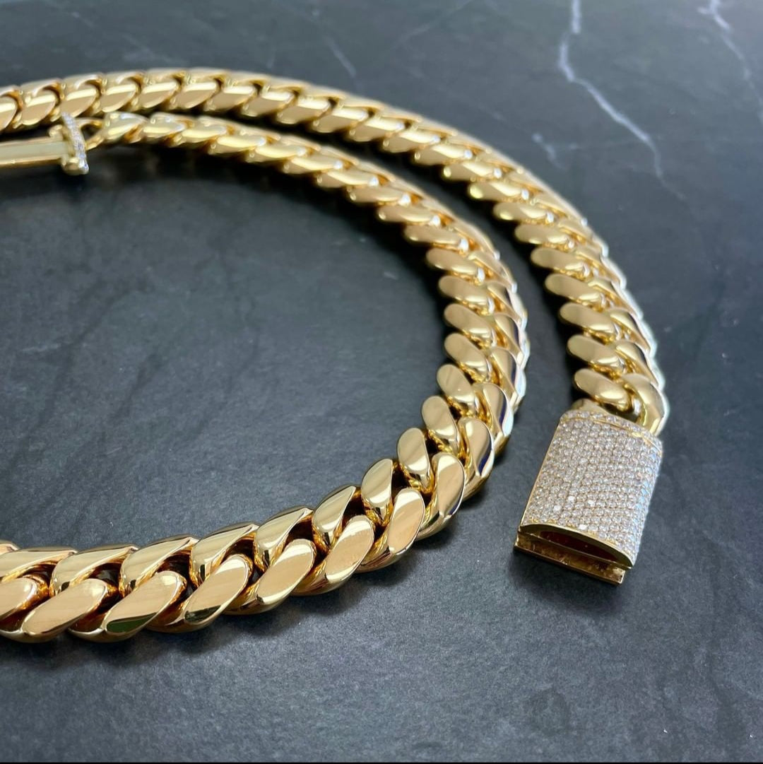 Gental Gems by Karat Kings | Solid 14mm Miami Cuban Link Chain with Iced Lock |  Gold Micron Plated on  Sterling Silver Chain with AAA+ Quality Swarovski Diamonds