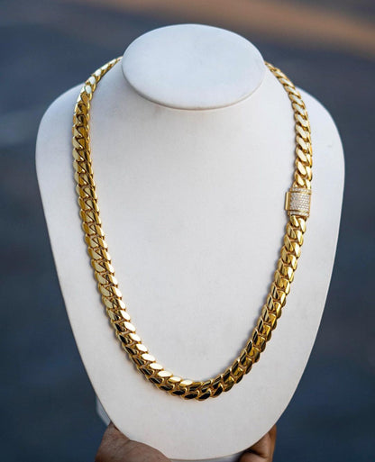 Gental Gems by Karat Kings | Solid 14mm Miami Cuban Link Chain with Iced Lock |  Gold Micron Plated on  Sterling Silver Chain with AAA+ Quality Swarovski Diamonds