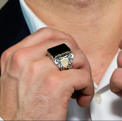 Gental Gems by Karat Kings | Unique Turkish Style Ring with Natural Black Onyx for Men, Oxidized Sterling Silver  Ring | Jewellery for Men