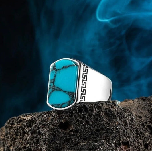 Unique Turkish Style Ring with Natural Irani Turquoise (Firoza) |  Sterling Silver Oxidized Ring | With Certificate of Authenticity and  Hallmark