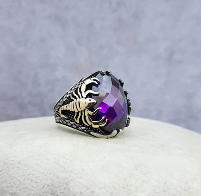 Gental Gems by Karat Kings | Unique Turkish Style Scorpion Ring with Faceted Purple Amethyst |  Sterling Silver Oxidized Zodiac Ring | Men's Jewelry | With Certificate of Authenticity and  Hallmark
